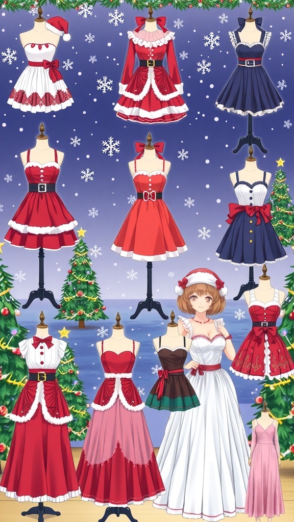 Anime-Inspired Christmas Outfit Ideas Collage of anime-inspired Christmas outfits including Santa dresses, cozy sweaters, and elegant gowns.